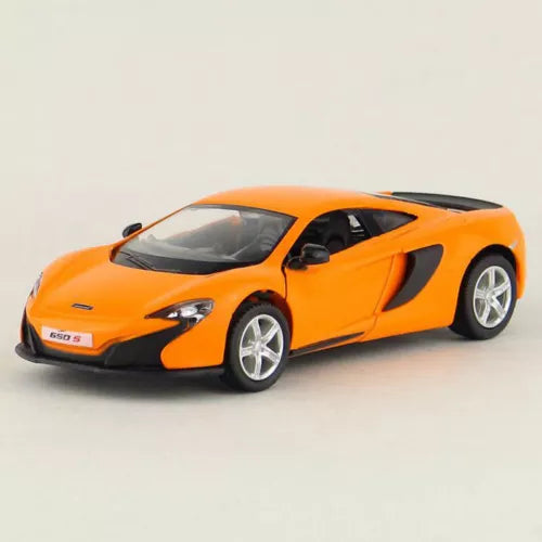 Orange 1:36 diecast model car with silver wheels, two-door sports coupe