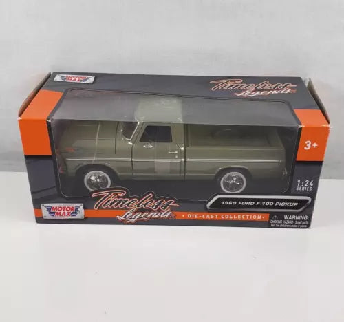 Olive-green 1969 Ford F-100 1:24 diecast pickup truck in sealed box