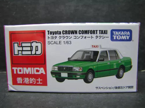 Green Toyota Crown taxi diecast model car in box, Tomica and Takara Tomy logos