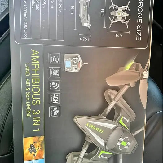 Quadcopter drone in retail box with screen controller illustration