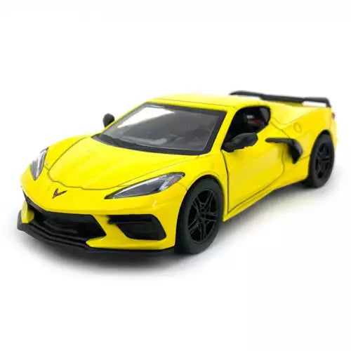 Yellow 2021 Chevy Corvette C8 1:36 scale diecast model car by Kinsmart, front view