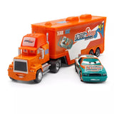 Orange diecast hauler truck with teal toy car, labeled Team 92 and Sputter Stop