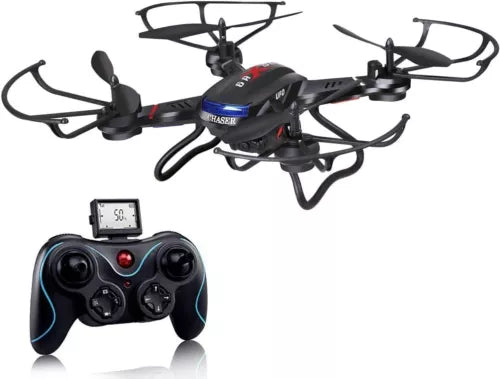 Black quadcopter RC drone with FPV camera and remote controller with display
