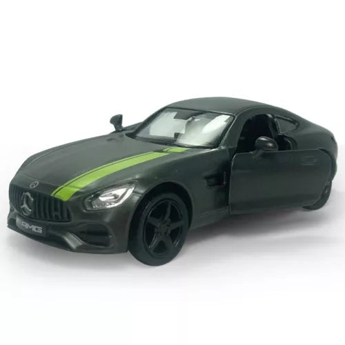 Diecast model car in dark gray with neon green racing stripe, front three-quarter view