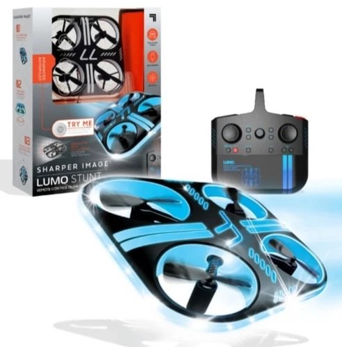 Blue and black stunt drone quadcopter with four propellers and glowing LED lights