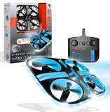 Blue and black stunt drone quadcopter with four propellers and glowing LED lights
