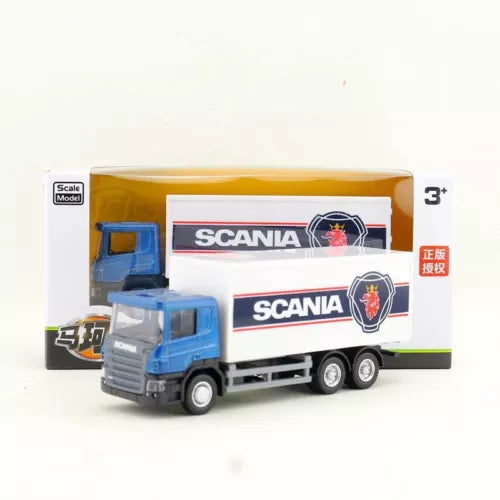 Blue Scania diecast container truck with white box trailer, 1:64 scale, boxed set