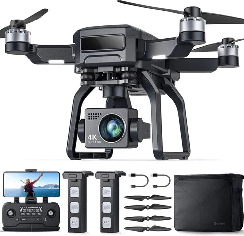 Black quadcopter drone with 4K camera and gimbal, plus controller and accessories.