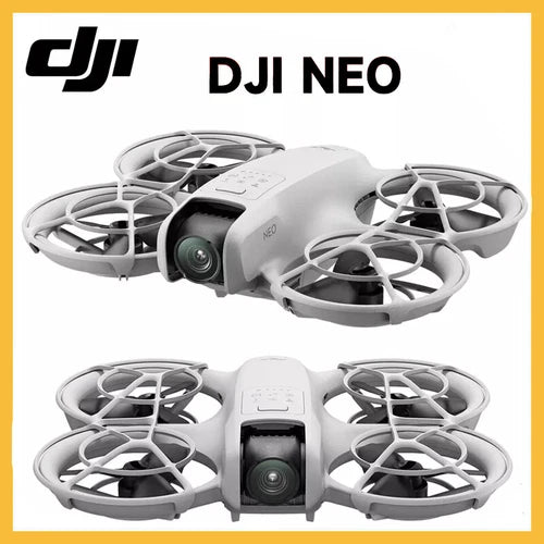 Self-flying drone with four gray propellers and front camera