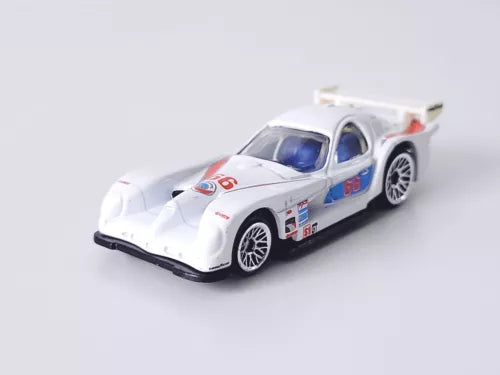 Hot Wheels white diecast race car with blue and red decals, Panoz GTR-1, 1:64