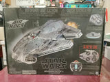 RC flying drone in retail box, detailed gray spaceship design