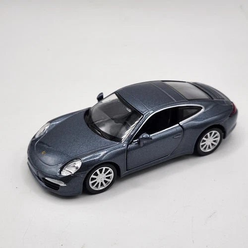 Blue pull-back diecast sports car model, front 3/4 view