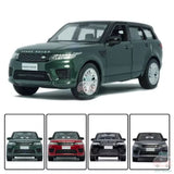 Green Range Rover Sport diecast model car toy, front 3/4 view with wheels visible