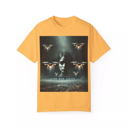 Unisex garment-dyed vintage T-shirt in mustard yellow, centered drone graphic print