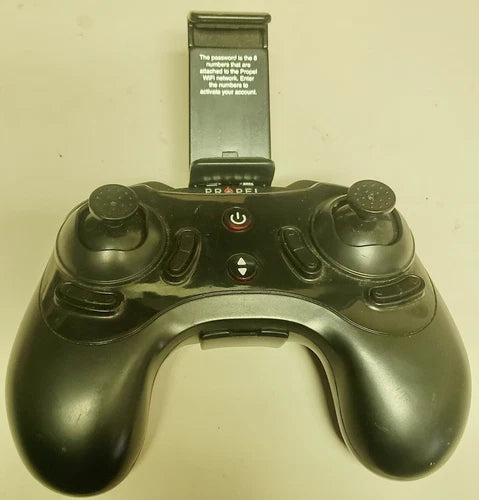 Drone remote control with dual joysticks, power button, and central control buttons
