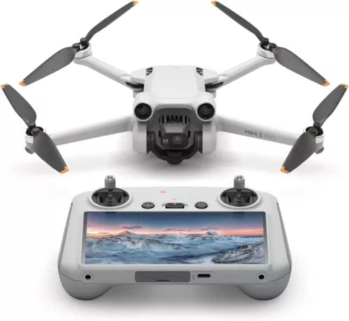 White quadcopter drone with front camera and foldable propellers, paired with gray remote controller
