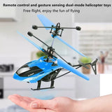 Blue and black RC helicopter drone with dual rotors and landing skids