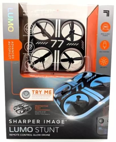 Remote control glow stunt drone retail box with quadcopter design and Try Me badge