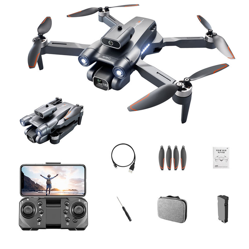 Foldable mini quadcopter drone with camera, four propellers and gray body