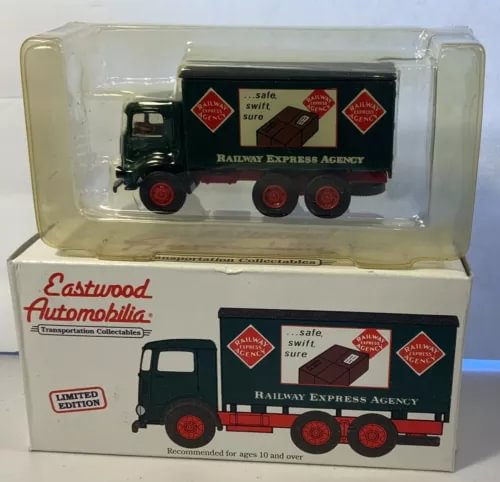 Diecast delivery truck in clear blister packaging, dark green and red Railway Express Agency
