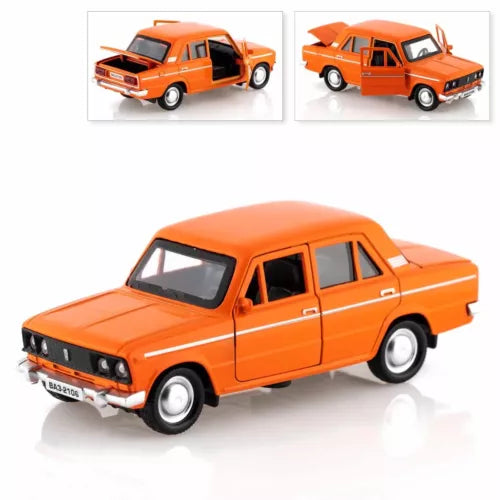 Orange diecast model car, front three-quarter view, metal 1:36 scale