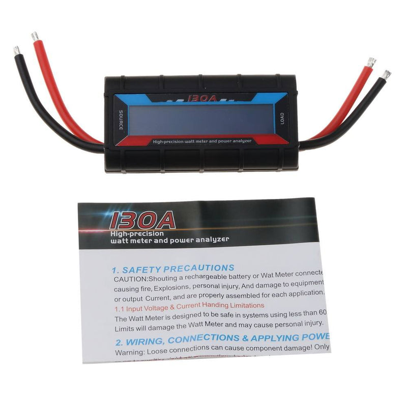 Power analyzer watt meter with backlit LCD and red/black wiring leads, 130A label