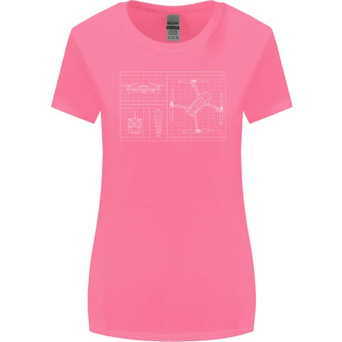 Womens wider cut T-shirt in pink with white blueprint-style drone graphic