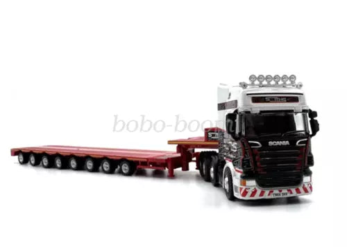 Scania diecast low-load trailer truck with multi-axle maroon trailer and white-red cab