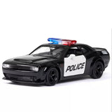1:36 diecast police car toy, black body with white door panel and blue-red light bar