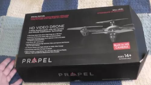 Propel HD video drone retail box, black with printed specs and PROPEL logo