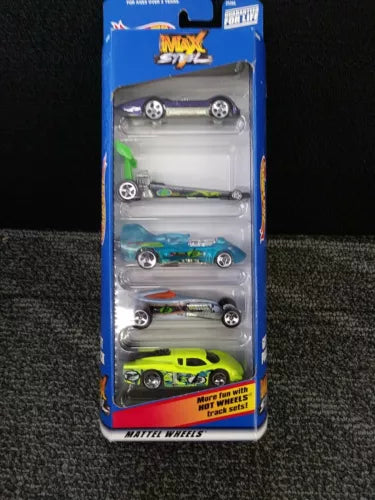 Hot Wheels 5-pack diecast cars blister with five vehicles in silver, green, and lime