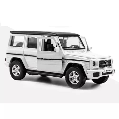 White diecast model G63 AMG 2-door car, front 3/4 view