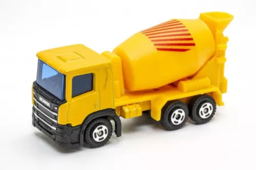 Yellow concrete mixer truck diecast model with mixer drum and black front grille