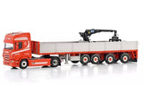 1:50 red die-cast flatbed truck with black crane and gray cargo bed