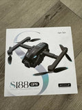 Drone in retail box with GPS, four rotors, and age 14+ label