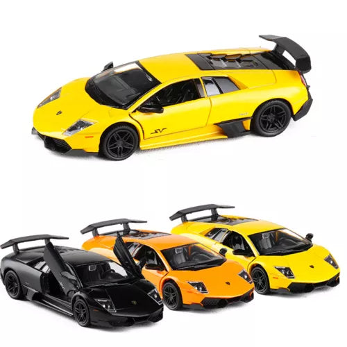 Diecast model car set with yellow and black sports cars, wing doors open, 1:36 scale