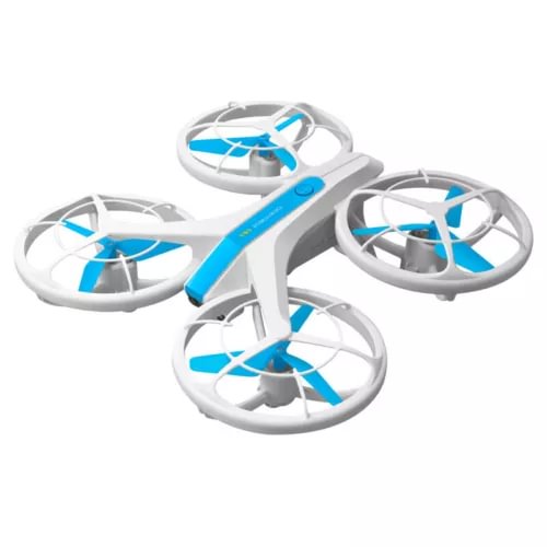 White quadcopter drone with four propellers and blue accents