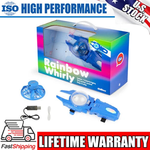 Blue mini UFO drone flying spinner toy with LED, in retail box.