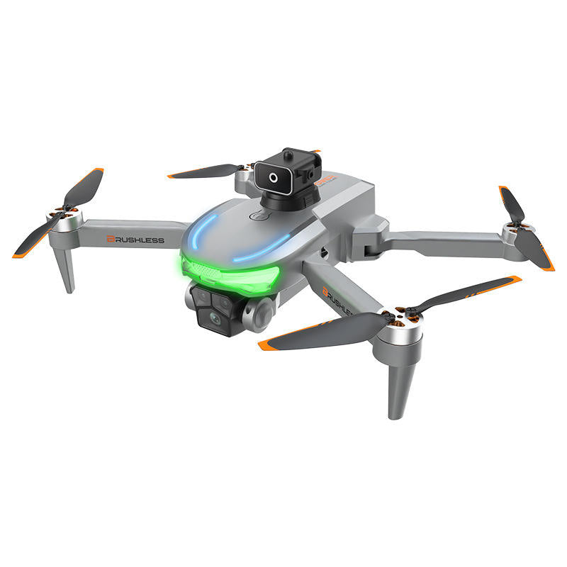 Gray quadcopter drone with front camera module and four folding propellers