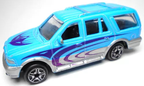 Blue diecast SUV truck with purple and silver side graphics, black wheels