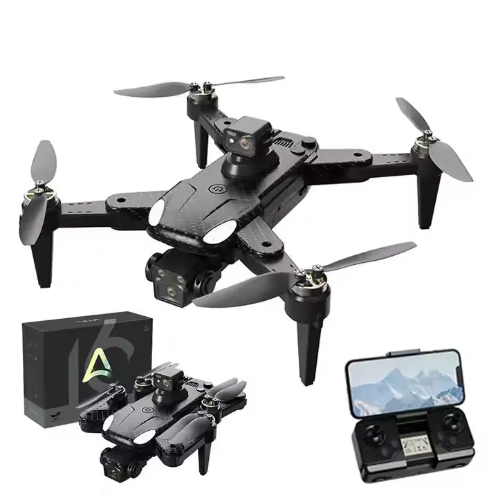 Mini quadcopter drone set with foldable propellers, controller screen, and box