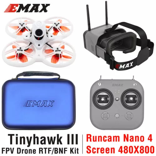 FPV drone quadcopter with orange props, FPV goggles, transmitter, and carry case kit