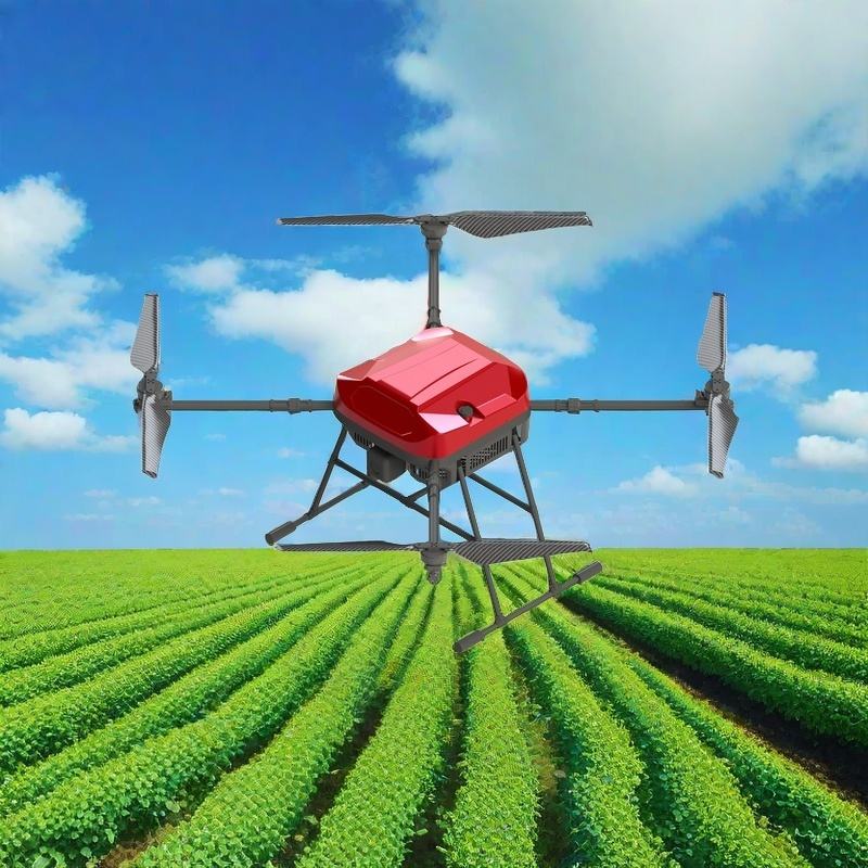 Emergency search and rescue drone with four rotors and wing arms, red body