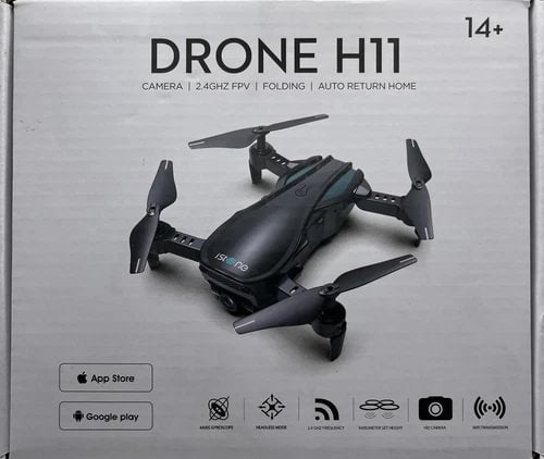 Black folding quadcopter drone with four propeller arms and camera module
