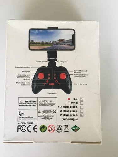Foldable quadcopter drone model package with controller diagram and specs