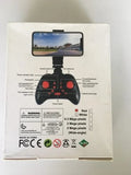 Foldable quadcopter drone model package with controller diagram and specs
