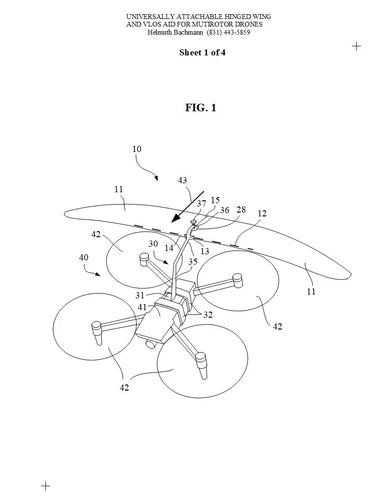 Drone hinged wing attachment with VLOS aid, patent line diagram