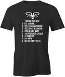 Black short-sleeve T-shirt with white drone graphic and trivia text on front