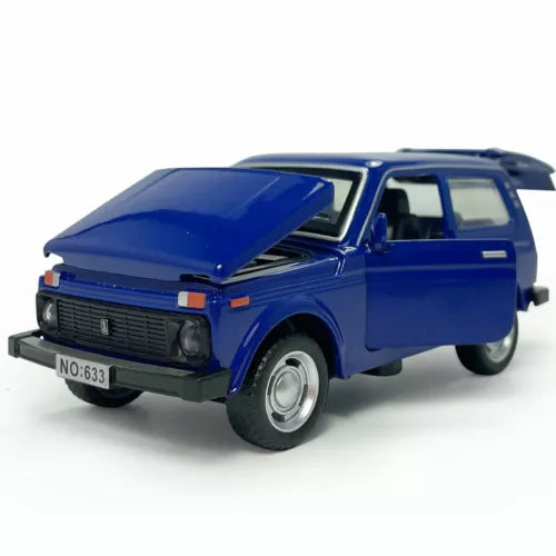 Blue 1:32 diecast model car with hood open, black tires and chrome wheels