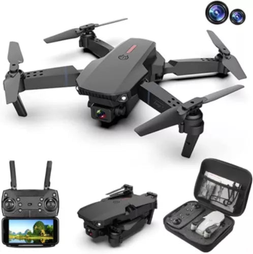 FPV drone with dual cameras and four propellers, plus remote controller with screen